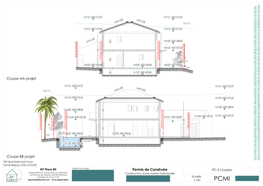 PCMI 3 : Plan en coupe précisant l’implantation par rapport au profil du terrain